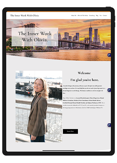 Screenshot of the Inner Work with Olivia website homepage featuring calming colors and inspirational content.