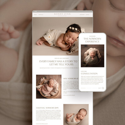 Mockup features a desktop and mobile view of a luxury newborn photographer website design. Website designed by Marque Creative Studio, Showit website designer based in Sarnia, ON.