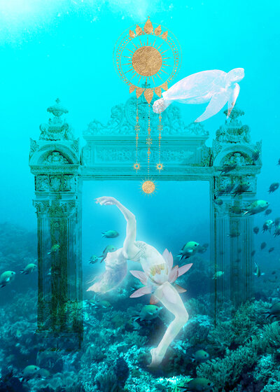 Artistic representation of a woman underwater bending back and reacahing upward
