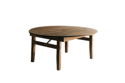 A folding wooden round farmhouse table.