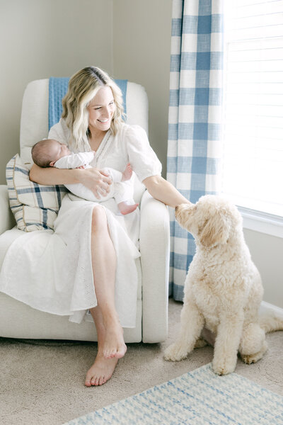 A mother in a white dress cradles her newborn in an armchair, reaching out to a fluffy golden doodle beside her