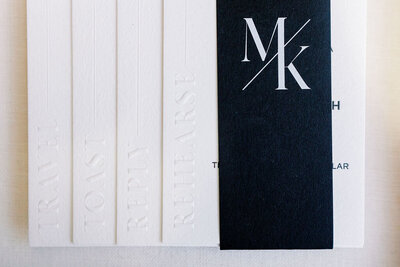 A close-up of sophisticated wedding stationery with embossed lettering and a sleek black and white design.