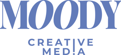 ALT: Moody Creative Media's primary logo in powder blue on pop-up mobile and desktop navigation