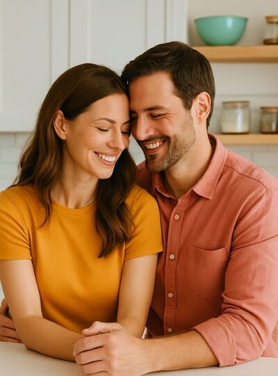 Smiling couple sitting close together, showing warmth and renewed closeness, symbolizing the healing and reconnection discussed in the “How to Rebuild Trust After Cheating” episode of the Relationships Uncomplicated Podcast with Idit Sharoni, LMFT.