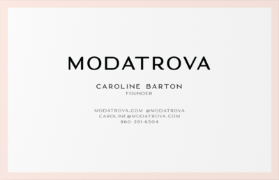 Peach colored border with Modatrova logo centered and founders information below