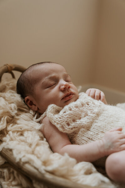 Pasgeboren baby slaapt in mandje tijdens newbornshoot