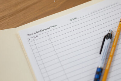 A printed spreadsheet with "Beyond Bookkeeping Notes" printed on the top