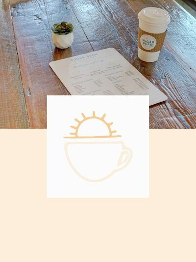 Sugar Bean’s peach-toned sun and coffee cup logo paired with in-store photo of the rustic wood table, menu, and branded coffee cup.