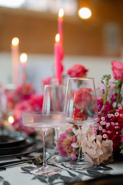 Pink and black wedding tablescape