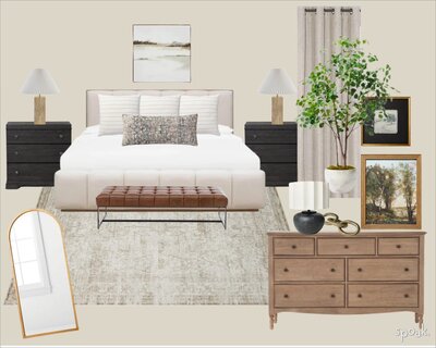 Bedroom corner featuring layered linens and warm lighting designed by Kaitlyn Schultz Creative.