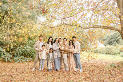 extended family having yearly photographs taken in autumn leaves in tamborine near Brisbane