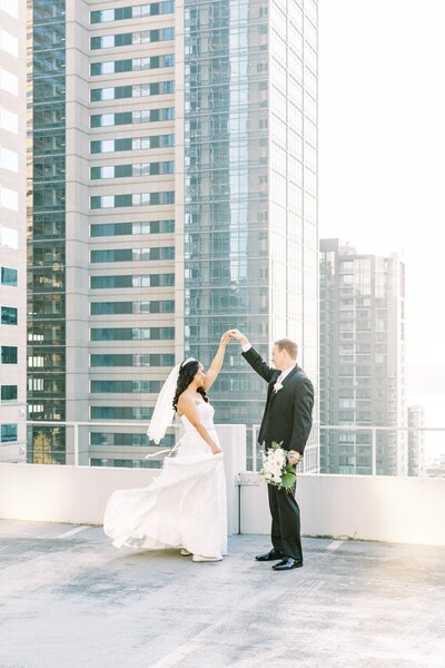 Bride and groom kissing at their Seattle wedding