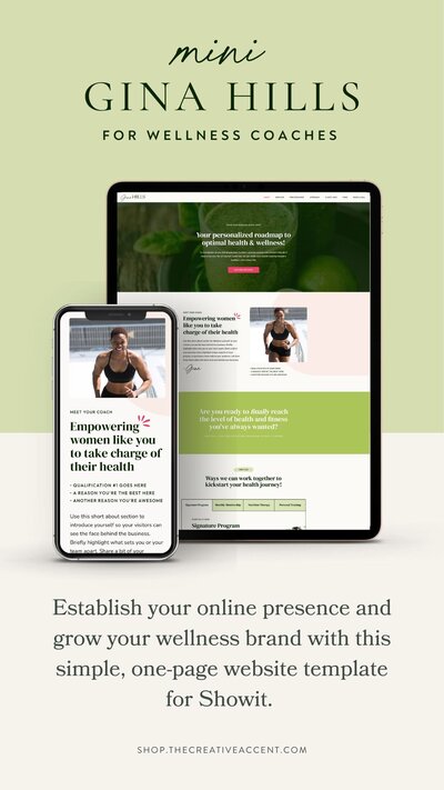 ipad and phone mockups of gina hills website template for wellness coaches