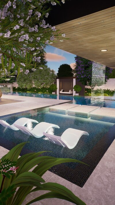 Modern luxury backyard with pool and rain wall.