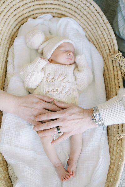 baby boy laying in moses basket with sweater and hat on