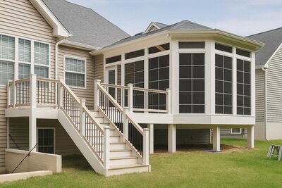 Backyard renovation showcasing a raised sunroom with floor-to-ceiling windows and attached deck.