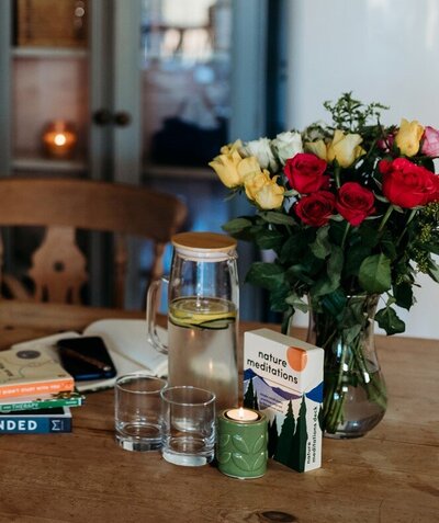 workspace with fresh flowers