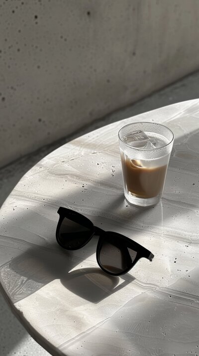sunglasses and coffee on desk