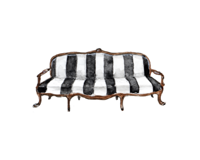 A painted black and white striped settee with claw feet.