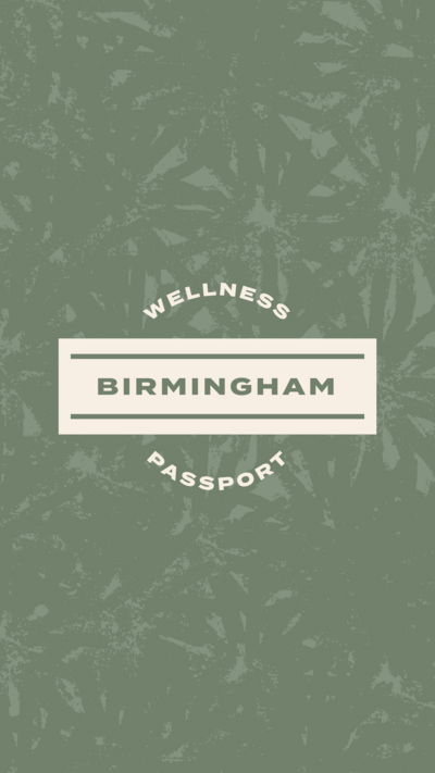 Birmingham Wellness Passport logo mark on a green textured background