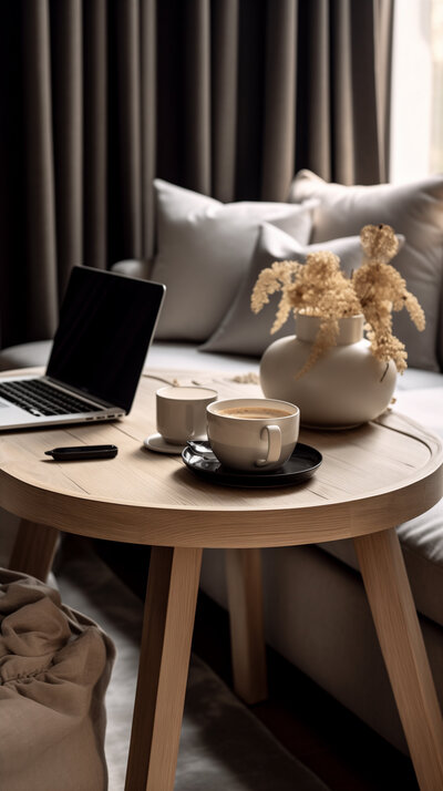 Laptop desk workspace in living room with drinks on table and flowers