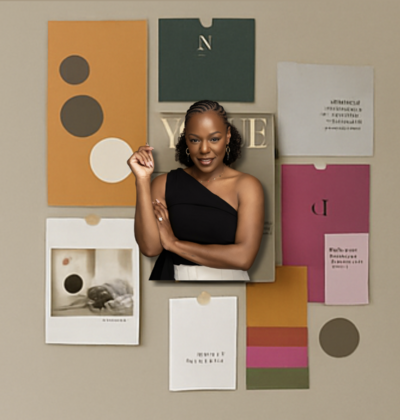 Rianne standing in front of a moodboard with swatches, colors, and brand mockups pinned to the wall.