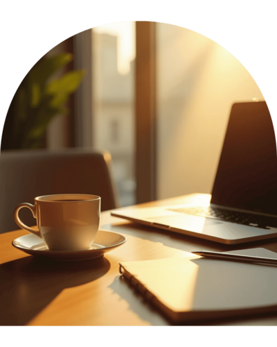 Ambiance lumineuse de séance photo avec une tasse de café, un carnet et un ordinateur portable sur une table ensoleillée, illustrant les prestations de photographie et vidéo de marque proposées par Lili Créa Design à Saint-Nazaire en Loire-Atlantique