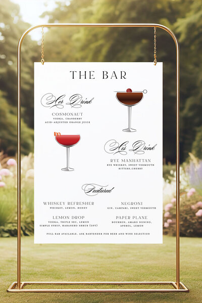Wedding bar menu with custom drink selections for a Montana summer wedding.
