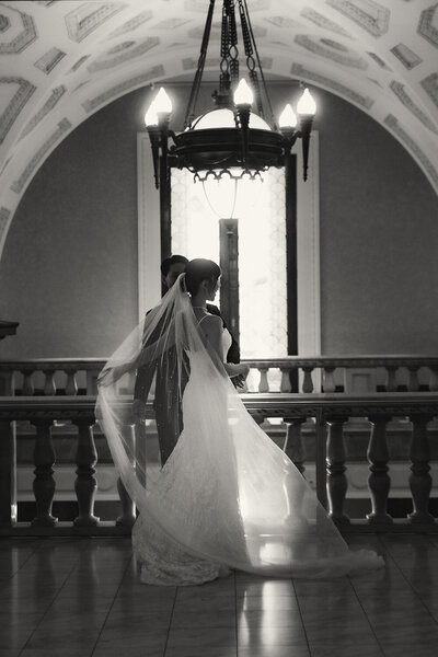 Dramatic Sunshine Coast wedding photo of a couple framed in window light inside an ornate venue.