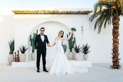 bride and groom holding hands in front of cactus pots