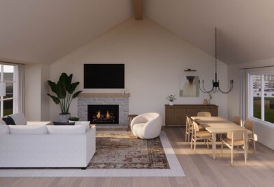 Great room design, living room with white sectional sofa, white round accent chair, large potted bird of paradise, stone fireplace with wood mantle and tv