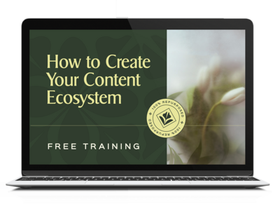 Laptop mockup with an image that reads how to create your content ecosystem free training