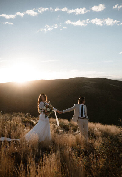 Vancouver-Elopement-Photographer Bride & Groom Holding Hands in Golden Hour