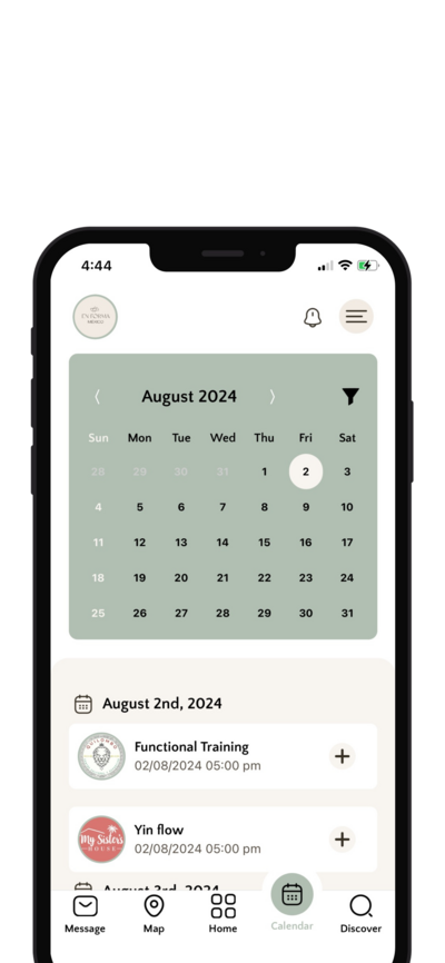 Mobile view of EnForma App's live calendar showing upcoming yoga classes