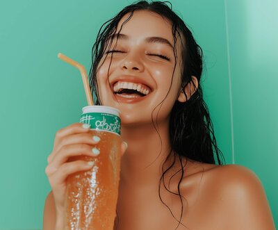 Smiling woman holding a drink, radiating joy and ease—symbolizing emotional freedom and restored energy