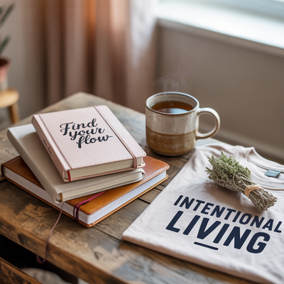 Cozy flat lay of stacked books, a ceramic mug of tea, and a small bundle of sage, styled in warm afternoon light.