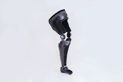 Close-up image of a knee-ankle-foot orthosis, designed to provide comprehensive support and stability for the knee, ankle, and foot
