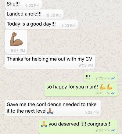 a screenshot of a text message Sho received from a client that they landed their job offer