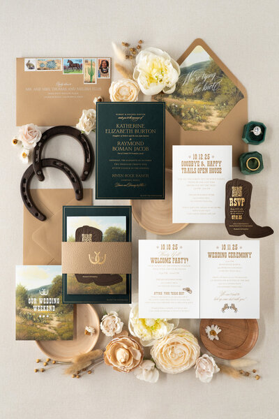 Gold foil wedding invitations in Texas Hill Country