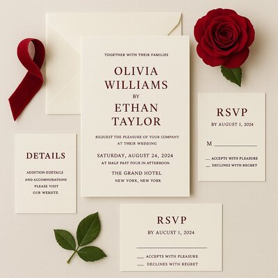 Bespoke wedding stationery in dark red with fresh flowers 