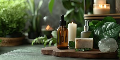 Amber dropper bottle on a wooden tray surrounded by candles, natural soap, crystals, and lush green leaves in a calming spa setup.