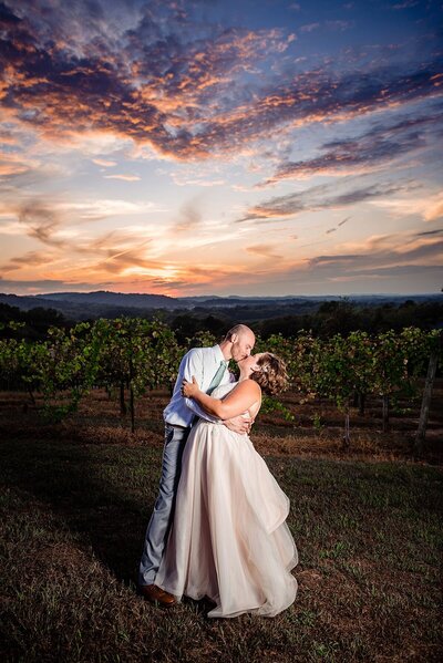 Bride and groom standing by the vineyard at Arrington during sunset. She's in a blush dress and he's dipping her into a kiss