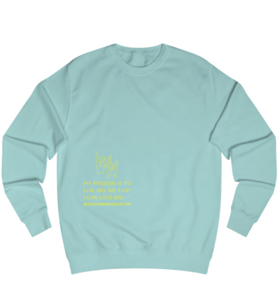 trendy merch for the LIVE BIG Collective, teal colored crew neck 