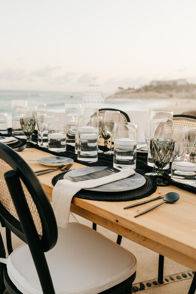 black and white modern table decor and details for wedding in cabo san lucas, mexico