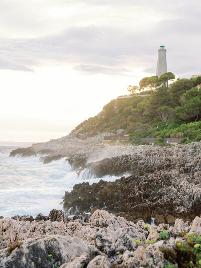 The lighthouse of St-Jean Cap Ferrat at the sunset, view from the chemin des douaniers
