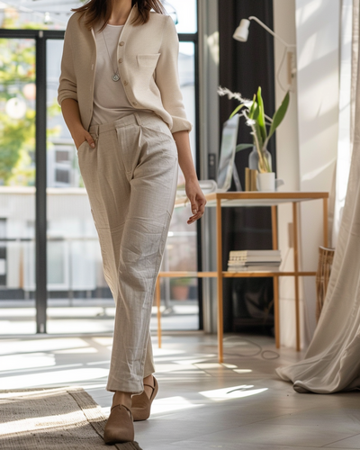 A professional woman in neutral tones standing in a bright office space — lifestyle branding image for The Veiled Method™ Bio Boss™ sales page.