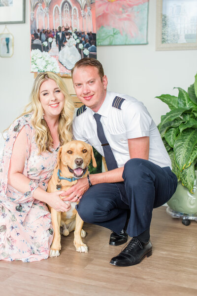 Business branding photo of By Brittany Branson with her Pilot husband and rescue dog