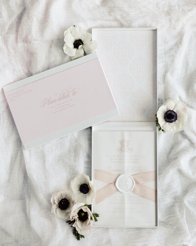 Light and Airy Ribbon Wedding Invitations in Champagne