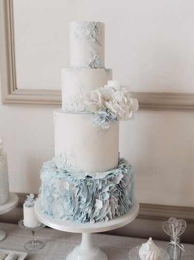 Wedding Cakes Nottingham, 4 tier blue ruffle wedding cake, Hodsock Priory