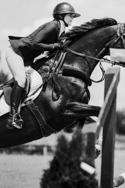 a black and white image with an english rider jumping a jump at an Ontario Trillium show captured by a equine private client photographer based in Ontario